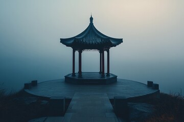 Fototapeta premium Misty sunrise view of a traditional Asian pavilion.