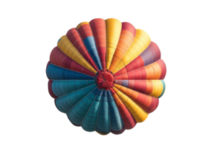 Vibrant hot air balloon in blue sky.