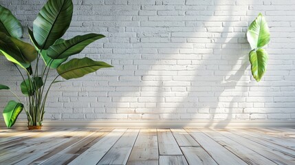 Bright Room Interior White Brick Wall Wood Floor Tropical Plants Sunlight