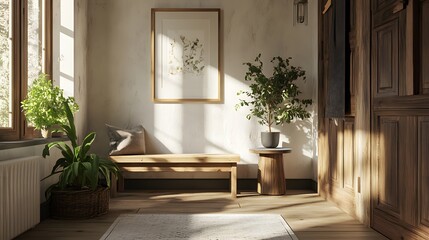 Scandinavian hall with a wooden bench side table and a potted plant.