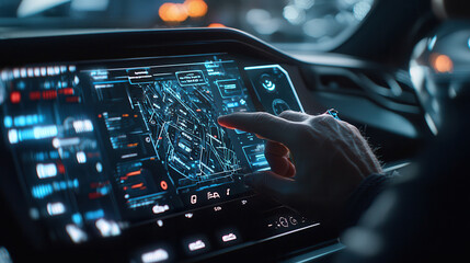 High tech dashboard interface with touch controls and data visualization