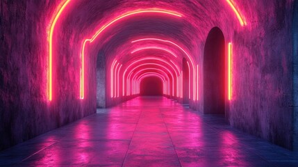 Neon-lit corridor with arches and reflective floor.