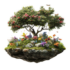 Vibrant tree with blooming flowers on floating island.