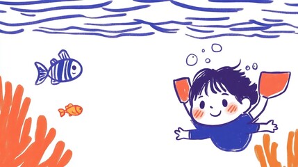 Naklejka premium Joyful Child Snorkeling Underwater: Vibrant Hand-Drawn Illustration. AI Generated