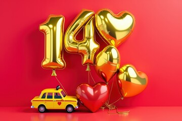 Celebrate 14th Anniversary with Golden Balloons and Yellow Taxi Toy on Red Background