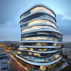 Curving Glass Office Tower at Dusk, Cityscape Background