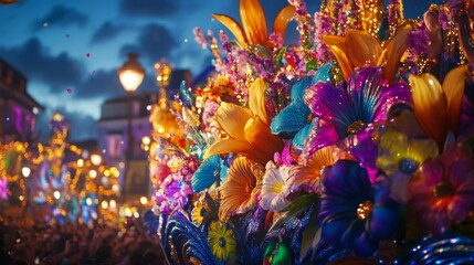 Colorful Carnival Float Adorned with Bright Flowers and Lights