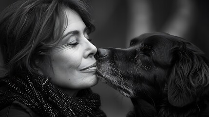A black and white photo of a woman wearing a scarf, sharing an affectionate kiss with a medium-sized dog in a tender moment