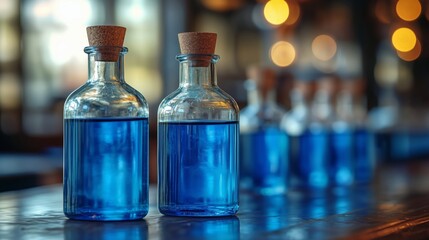 Charming Collection of Blue Glass Bottles with Cork Tops
