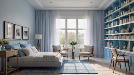 Stylish pastel blue bedroom and reading area featuring a cozy bed bookshelf books and expansive window with calming outdoor views Transitional Interior Design