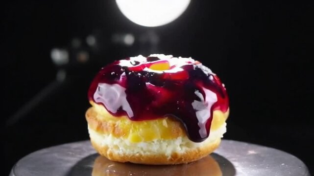 Berry citrus cronut on a black pedestal with dual glazes, vibrant glowing reflective hues, and elegant glossy finish