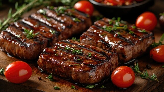 Juicy grilled steaks seasoned with thyme, resting on a wooden board with cherry tomatoes. Perfect for restaurant menus, food blogs, or any project showcasing delicious grilled food.
