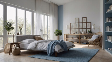 Tranquil pastel blue bedroom and reading room with bed bookshelf books and expansive window letting in soothing natural light Transitional Interior Design