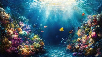 Fototapeta premium Vibrant Underwater Scene with Colorful Coral and Exotic Fish Life