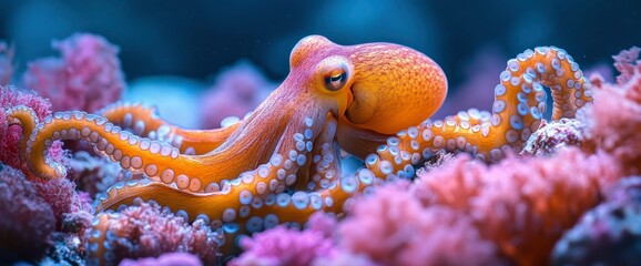 Naklejka premium Majestic Octopus in Vibrant Coral Reef Habitat