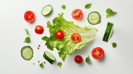 3D of Various Salad Ingredients Such as Tomatoes Cucumbers Lettuce Leaves and Other Fresh Vegetables Falling on a Clean White Background Representing a Healthy Nutritious and Organic Meal Concept
