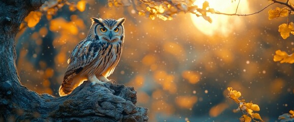 Fototapeta premium Majestic Owl at Golden Hour in Autumnal Setting