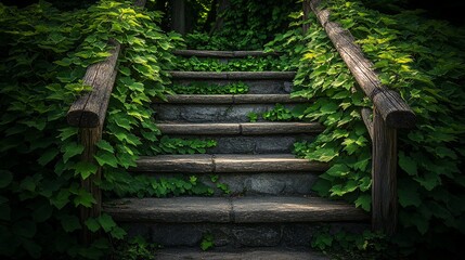 Obraz premium Lush overgrown stone steps with wooden railing.