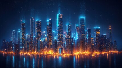 Fototapeta premium Futuristic city skyline at night, glowing buildings reflected in water.