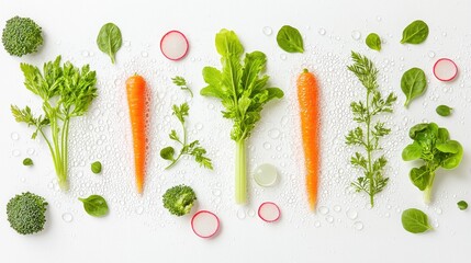 A image of a freshly washed assortment of vibrant organic vegetables including broccoli spinach carrots radishes and various leafy greens arranged on a clean white background