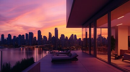 Obraz premium Serene Sunset Over Urban Skyline from Modern Balcony Retreat