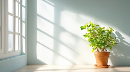 A bright room with a potted plant by the window, showcasing sunlight casting shadows on the wall.