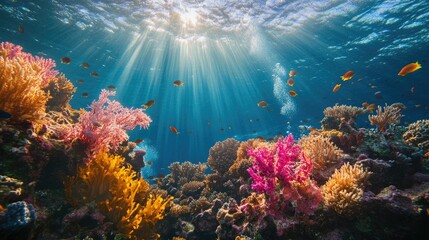 Fototapeta premium Vibrant Coral Reef Underwater Scene with Sunlight Rays and Fish