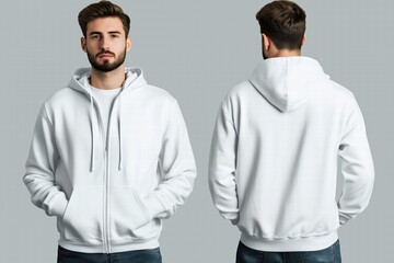 A young man wearing a white zip-up zipped hoodie mockup, isolated standing in a neutral pose. The hoodie has a front pocket and drawstrings, showcased from both front and back views.