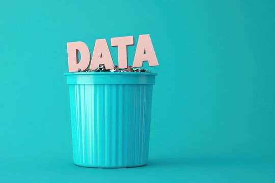 Too much useless and fake data and information online or on social media. Consuming too much junk information. Word "DATA" floating out of the trash can.