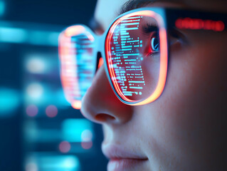 A close-up of a person wearing glasses, reflecting digital code, symbolizing technology, programming, or data analysis in a futuristic setting.