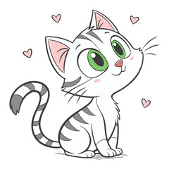 Adorable White and Grey Tabby Kitten with Bright Green Eyes Surrounded by Floating Hearts