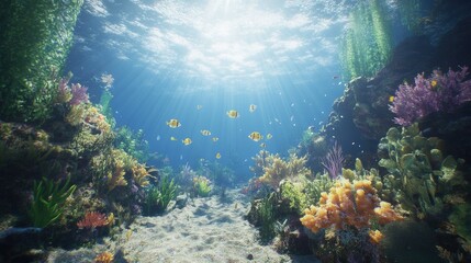 Naklejka premium Vibrant Underwater Scene with Lush Coral Reefs and Colorful Fish