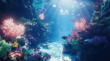 Underwater Coral Reef with Colorful Fish and Sunlight Rays