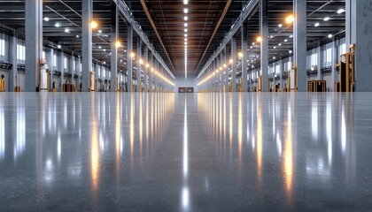 Obraz premium A spacious warehouse interior with polished concrete floors and bright overhead lights, creating a modern industrial ambiance.
