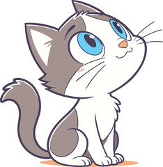 Sweet Brown and White Kitten with Wide Blue Eyes Sitting and Looking Up with a Gentle Expression