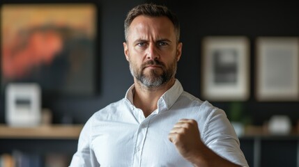 Obraz premium Confident businessman with clenched fist placed on his chest, modern office background, strong expression of self-assurance