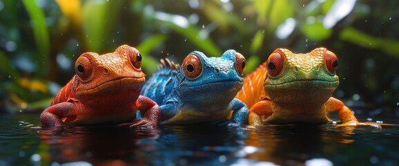 Three Vibrant Lizards in a Tropical Rainforest Pool
