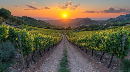 Naklejka premium Scenic vineyard landscape at sunset.