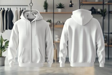 A white zip-up zipped hoodie mockup displayed from the front and back, hanging in a modern, stylish room with plants and shelves in the background. Sweatshirt with hood long sleeve for print.