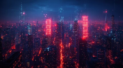 Fototapeta premium Futuristic cityscape at night with glowing skyscrapers and digital data streams.