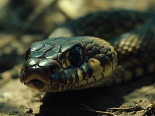 Obraz premium The head of a snake with its eye open, displaying the animal's keen gaze and natural camouflage.