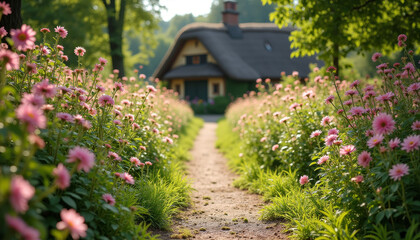 Cottage Pathway Surrounded by Blooming Flowers