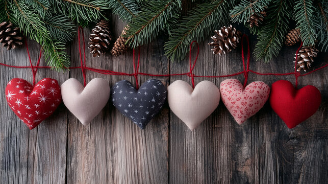 a row of handcrafted fabric hearts, delicately hanging on a red string with a rustic wooden backdrop, complemented by pinecones, greenery, and subtle festive details. The design emphasizes simplicity - Powered by Adobe