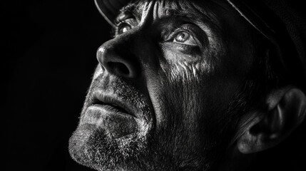 Monochrome portrait of a man with intense gaze, detailed textures in the lighting on his face.