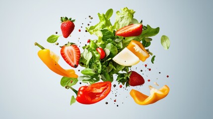 Vibrant 3D top view rendering of an explosion of fresh healthy fruits and vegetables including strawberries bell peppers and leafy greens levitating and floating in mid air against a clean background