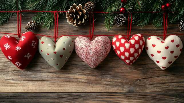 a row of handcrafted fabric hearts, delicately hanging on a red string with a rustic wooden backdrop, complemented by pinecones, greenery, and subtle festive details. The design emphasizes simplicity