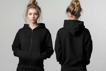 A young woman wearing a black zip-up zipped hoodie mockup, showcasing both front and back views. She has long hair styled in a bun and a neutral expression, set against a plain background. 