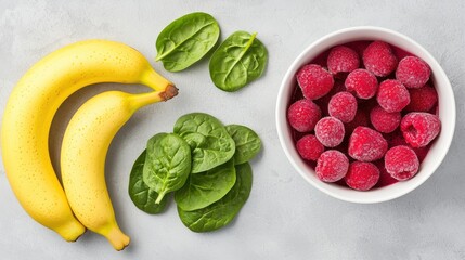 Vibrant and healthy smoothie making scene featuring a colorful arrangement of fresh ingredients including bananas spinach and raspberries on a light background  Showcasing a nutritious