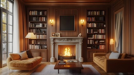 Art deco living room with a fireplace and bookcases