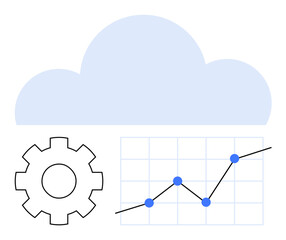 Blue cloud icon above gear and rising line chart with points on grid. Ideal for tech services, big data, analytics, cloud storage, process optimization, business growth, abstract line flat metaphor